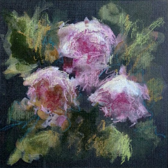 Delicate pink flowers on black ground - Floral painting mixed media