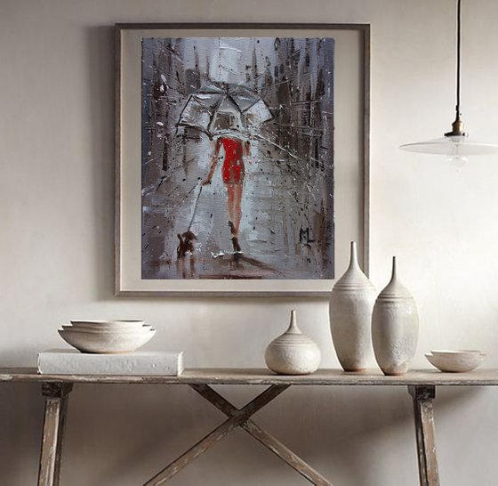 " WALK WITH FRIEND " original painting CITY palette knife SPRING RAIN