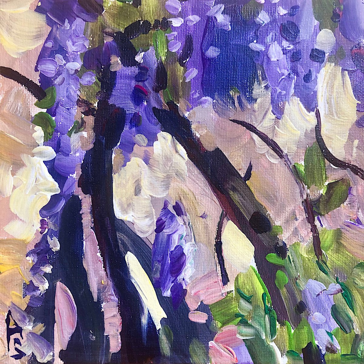 Impressionistic Cityscapes Acrylic Painting By Sona Adalyan, 8 X 8", Blooming Wisteria Ii, Original Artwork