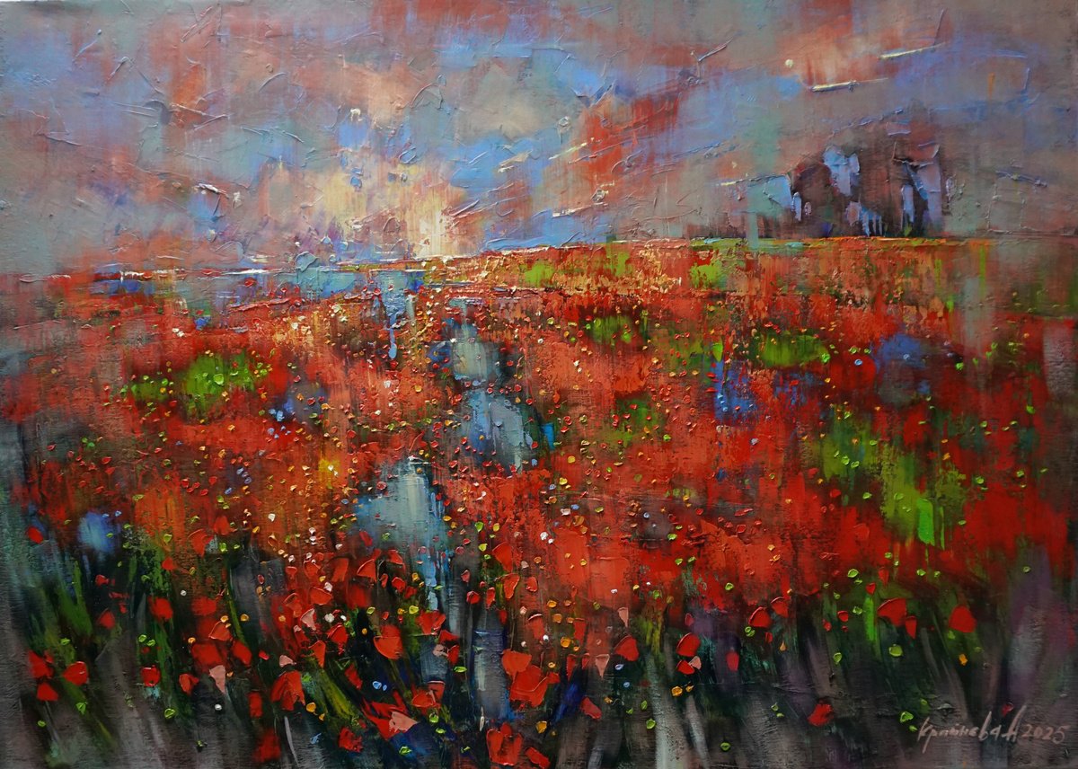 Impressionistic Landscape Oil Painting By Anastasiia Kraineva (Masniuk), 41 X 30, Unexpected Downpour, Original Artwork