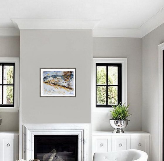 A few houses in winter  watercolour