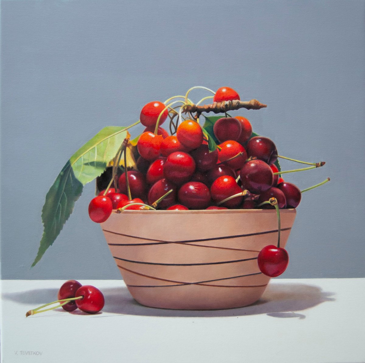Photorealistic Still Life Oil Painting By Valeri Tsvetkov, 20 X 20", Still Life With Cherries, Original Artwork