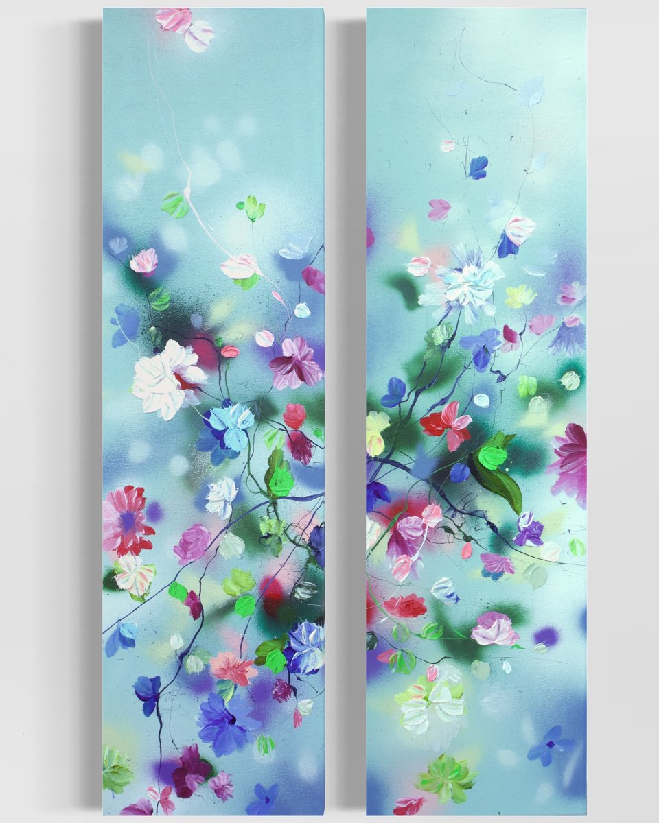 Diptych acrylic painting Flying Flowers- by Anastassia Skopp