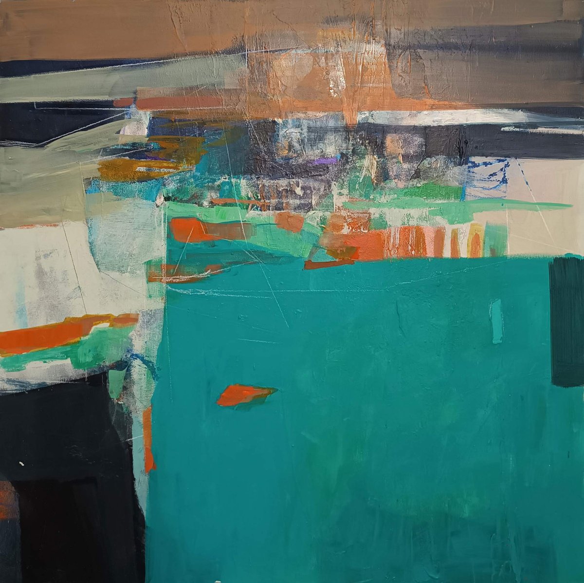 Abstract Cityscapes Acrylic Painting By Magdalena Morey, 33 X 33", Moorings, Original Artwork