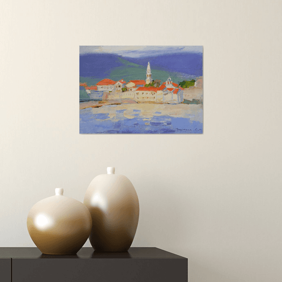 View of the fortress in Budva. Montenegro . Original plein air oil painting .