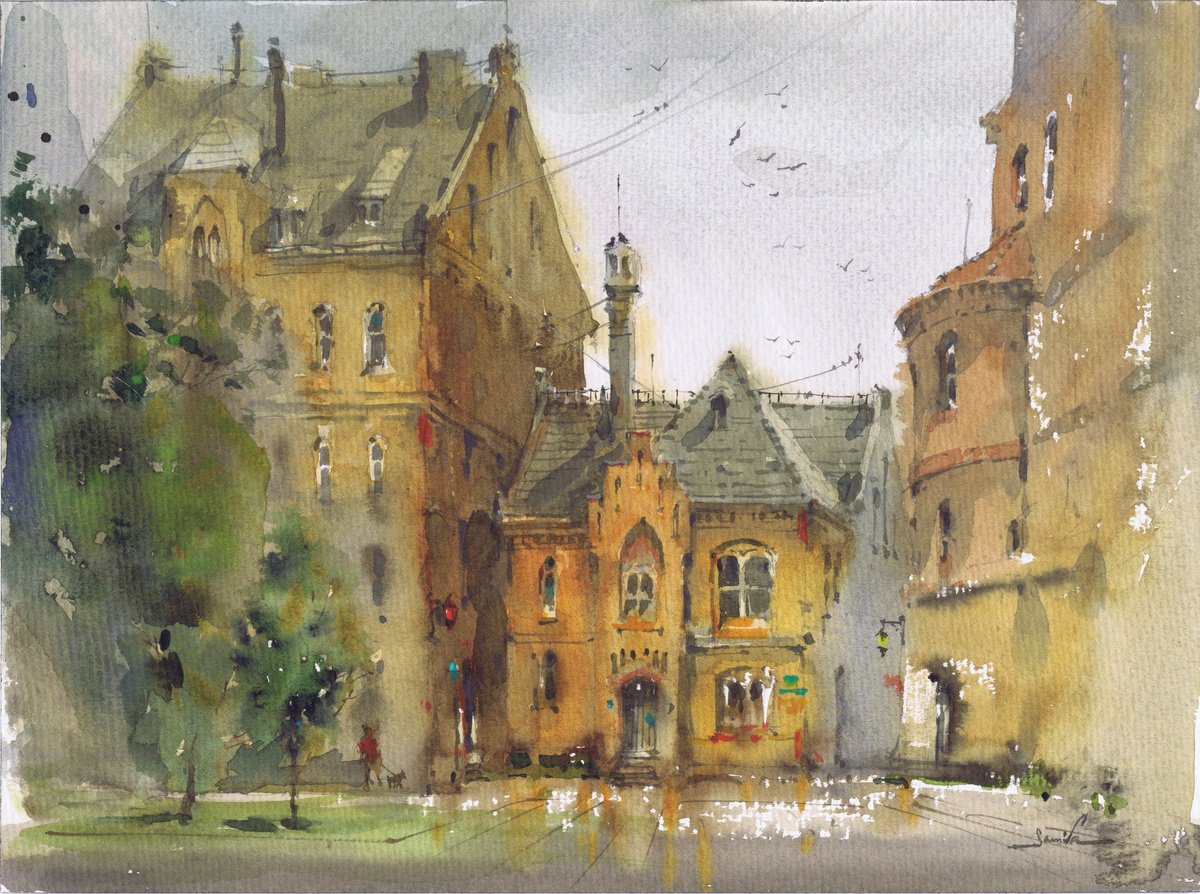 Expressive Cityscapes Watercolour By Samira Yanushkova, 12 X 9", Ancient Cityscape, Original Artwork