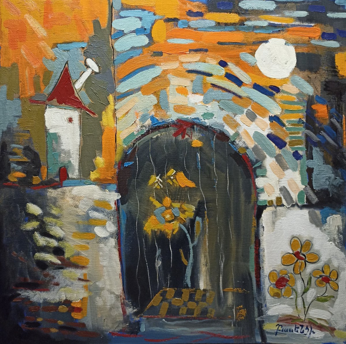 Abstract Still Life Oil Painting By Artyom Basenci, 28 X 28, Yellow Flowers (70X70Cm, Oil Painting, Ready To Hang), Artfinder