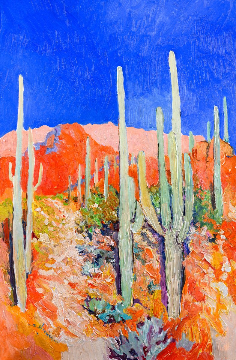 Expressive Landscape Oil Painting By Suren Nersisyan, 24 X 36", Saguaro Cactuses In The Desert, Original Artwork