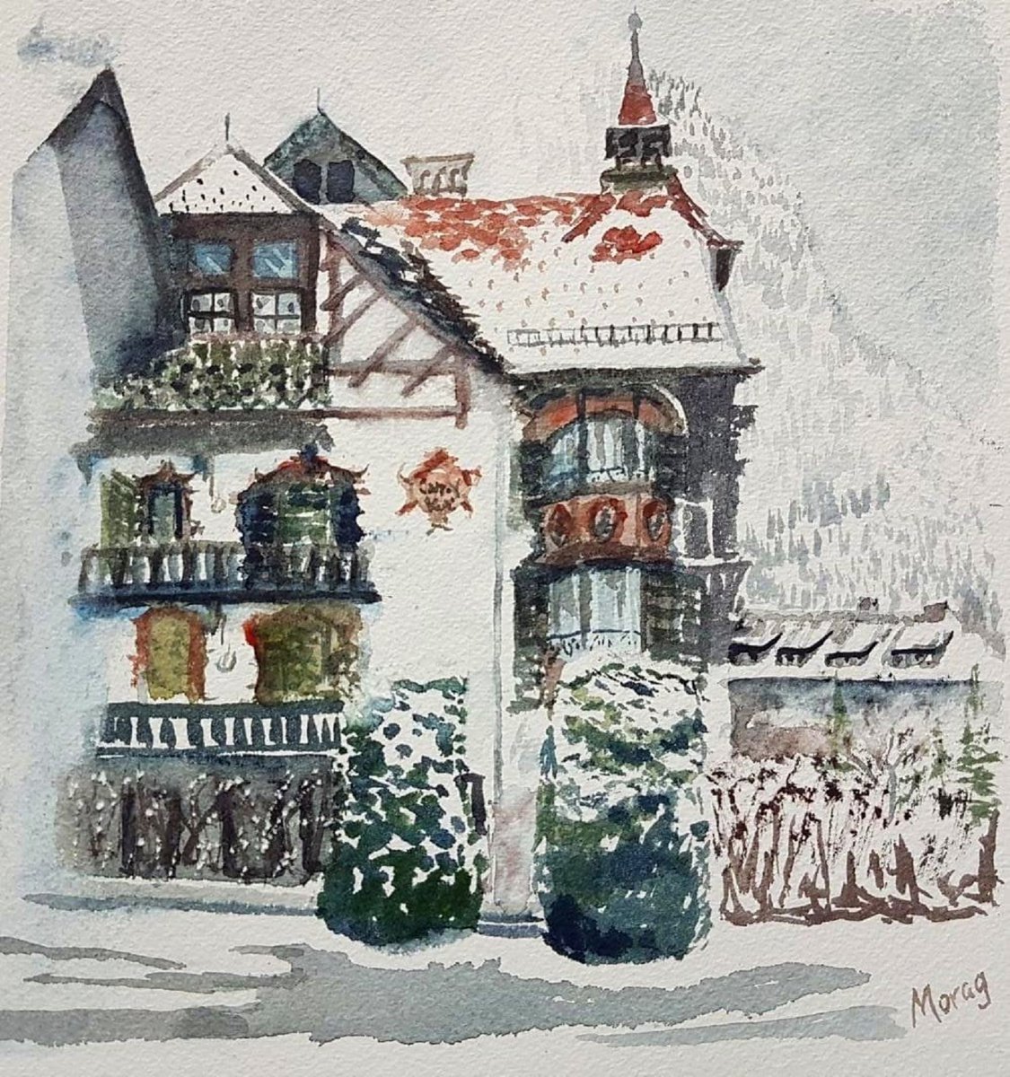 Impressionistic Cityscapes Watercolour By Morag Paul, 16 X 16", Posthotel Kassl, Tyrol, Original Artwork