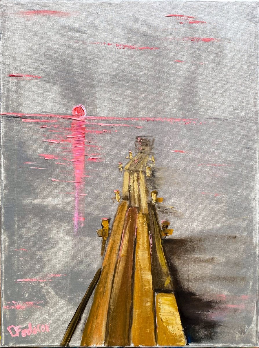 Impressionistic Landscape Painting By Dmitry Fedorov, 16 X 20, Sea Sunset On A Silver Sky, Original Artwork