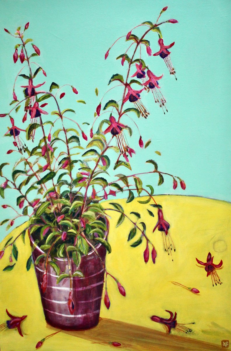 Expressive Botanical Acrylic Painting By Victoria Coleman, 24 X 36", A Fine Fucshia, Original Artwork