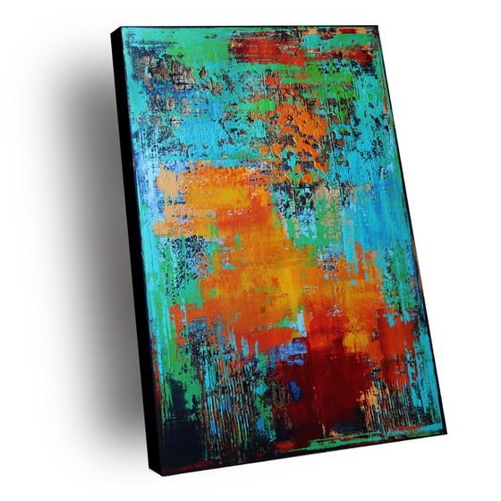 IBIZA - 120 x 80 CM - TEXTURED ACRYLIC PAINTING ON CANVAS * TURQUOISE GREEN RED