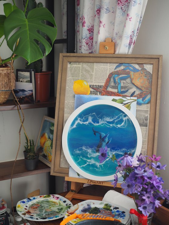 The whale among the waves - original artwork, framed, ready to hang