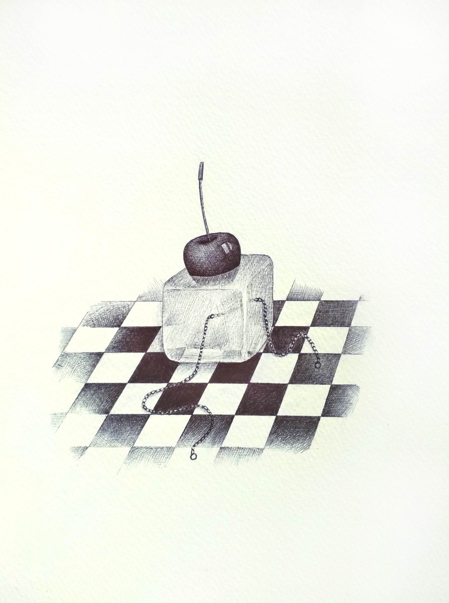 Urban And Pop Still Life Ink Drawing By Andromachi Giannopoulou, 6 X 9, Cherry In Ice Cube, Original Artwork