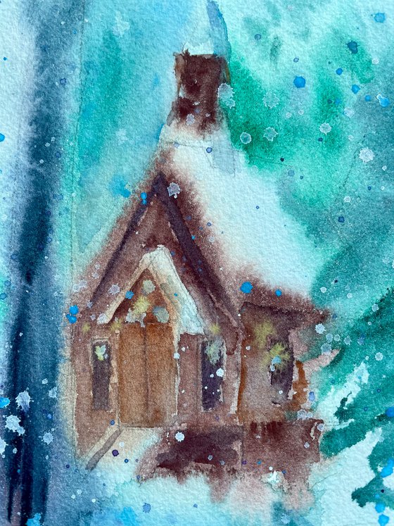 Christmas Cabin Painting, Snowy Forest Original Watercolor Artwork, Winter Landscape Wall Art, Cozy Hygge Home Decor, Christmas Gifts