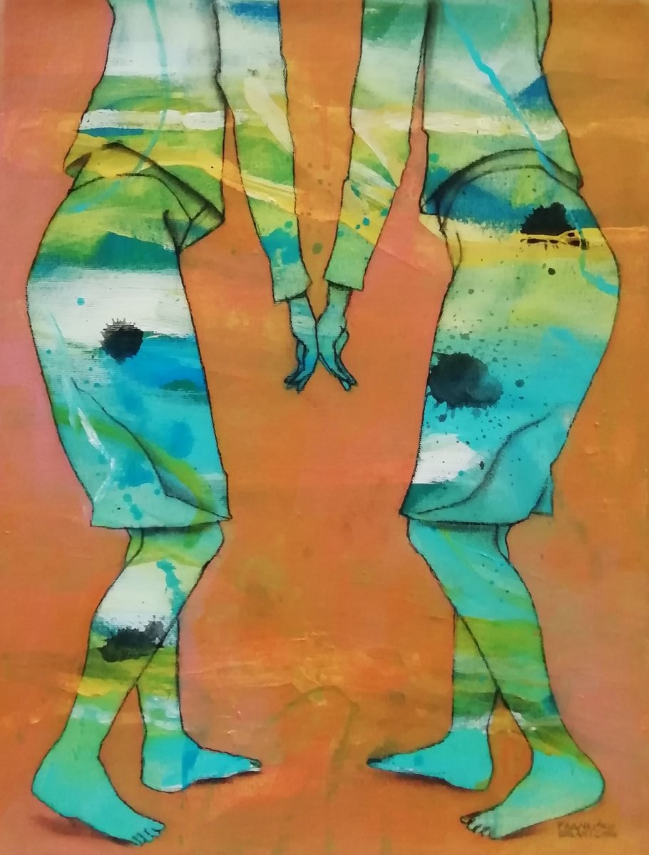 Expressive Portrait Acrylic Painting By Francisco Santos, 12 X 16, Friends 02, Original Artwork