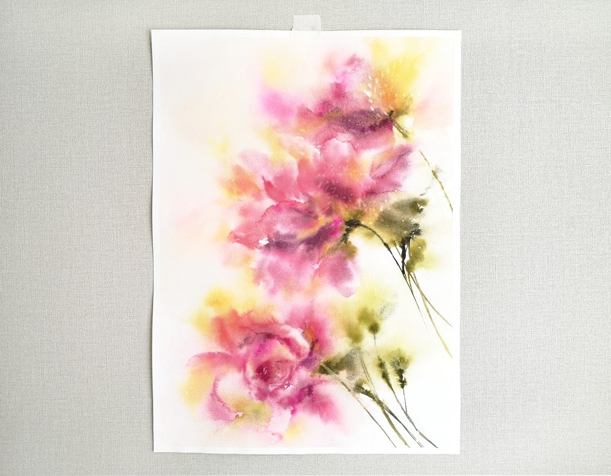 Pink Loose Flowers, Watercolor Floral Pa, Painting by Olya Grigorevykh