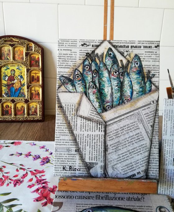 "Fishes in Newspaper Bag" Original Oil on Canvas Board Painting 7 by 10 inches (18x24 cm)