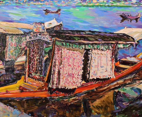 PALANQUINS ON LAKE SRINAGAR - Idia landscape with shallop boat - XXL size
