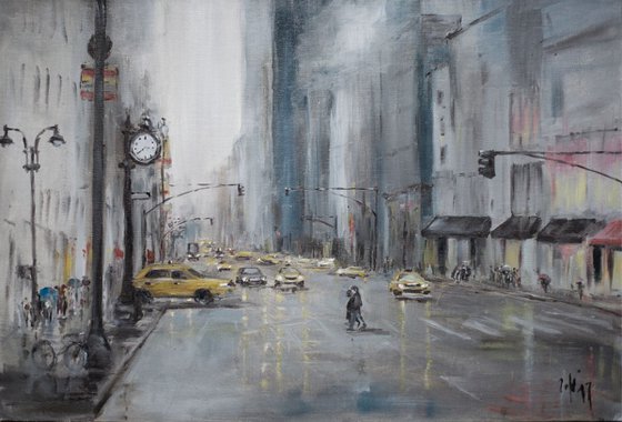 New York under the rain. Original oil painting. Grey day travel interior decor moody megapolis trip road urban landscape