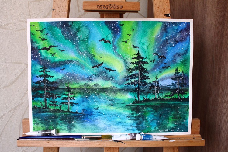 Orignal 30x42 cm Northern lights watercolour pai | Artfinder