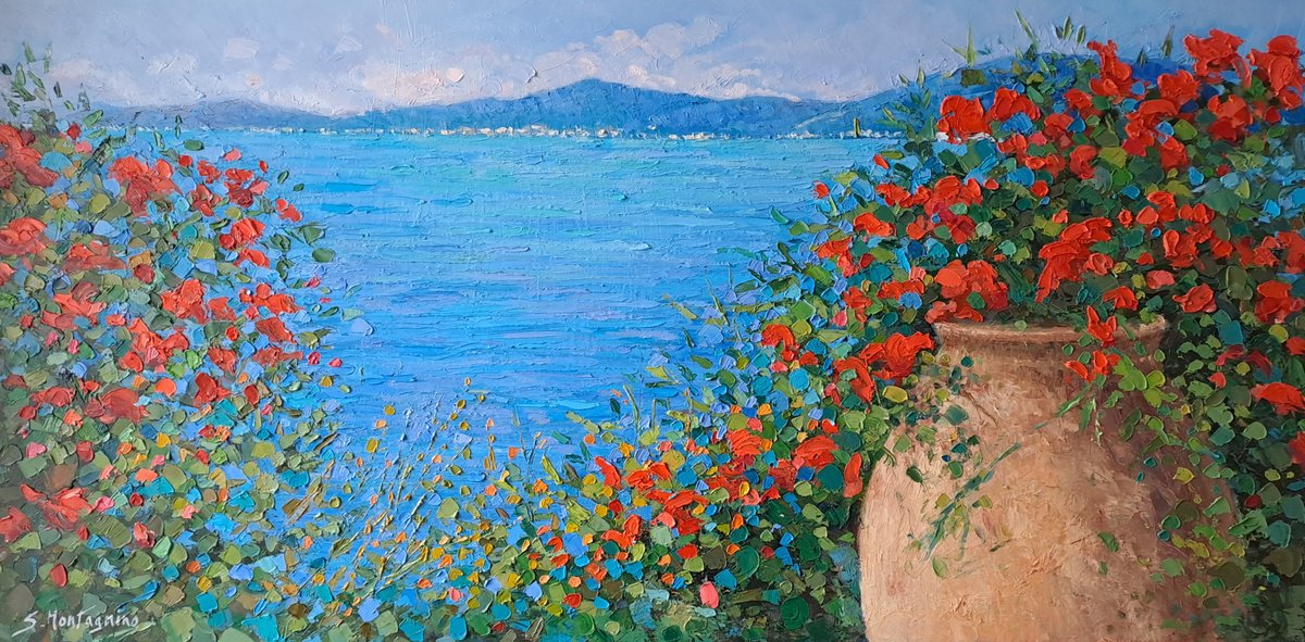 Impressionistic Landscape Oil Painting By Susanna Montagnino, 39 X 20", Riviera, Original Artwork