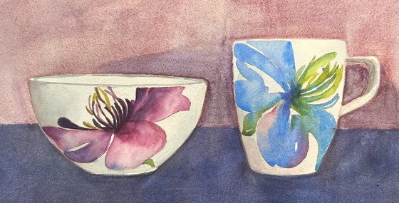 Still life with floral bowl and mug