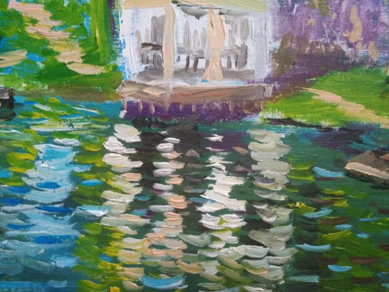 Cafe on the Pond in the Village Plein Air Painting