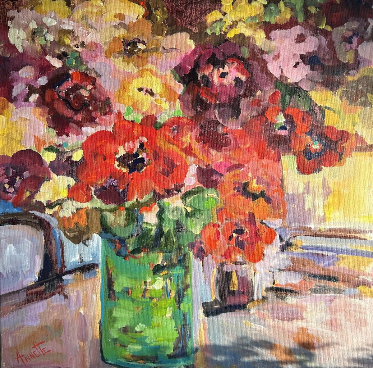 Impressionistic Botanical Acrylic Painting By Annette Wolters, 20 X 20, Poppies In Green Vase, Original Artwork