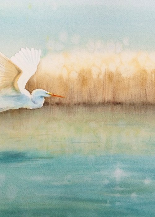 Serenity -  lake -  flying egr by Olga Beliaeva Watercolour