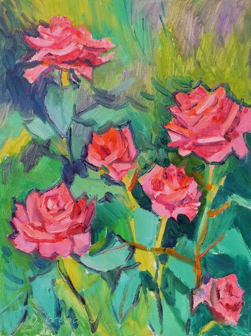 Roses in a garden (plein air) original painting by Dima Braga