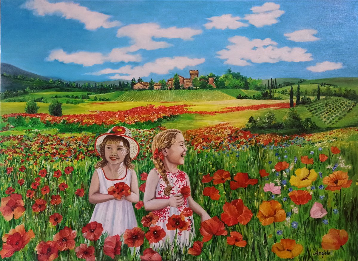 Photorealistic Landscape Oil Painting By Anna Rita Angiolelli, 35 X 26, Landscape With Girls, Original Artwork