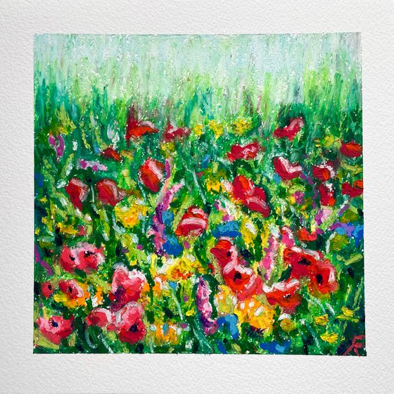 Flowers Original Oil Pastel Painting, Poppy Field Drawing, Cottagecore Decor, Gifts for Her, Floral Wall Art