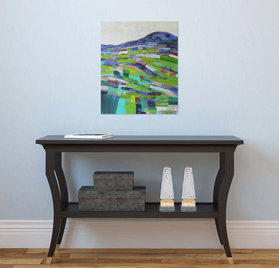 Abstract landscape - Green fields  (ready to hang semi abstract landscape on canvas)