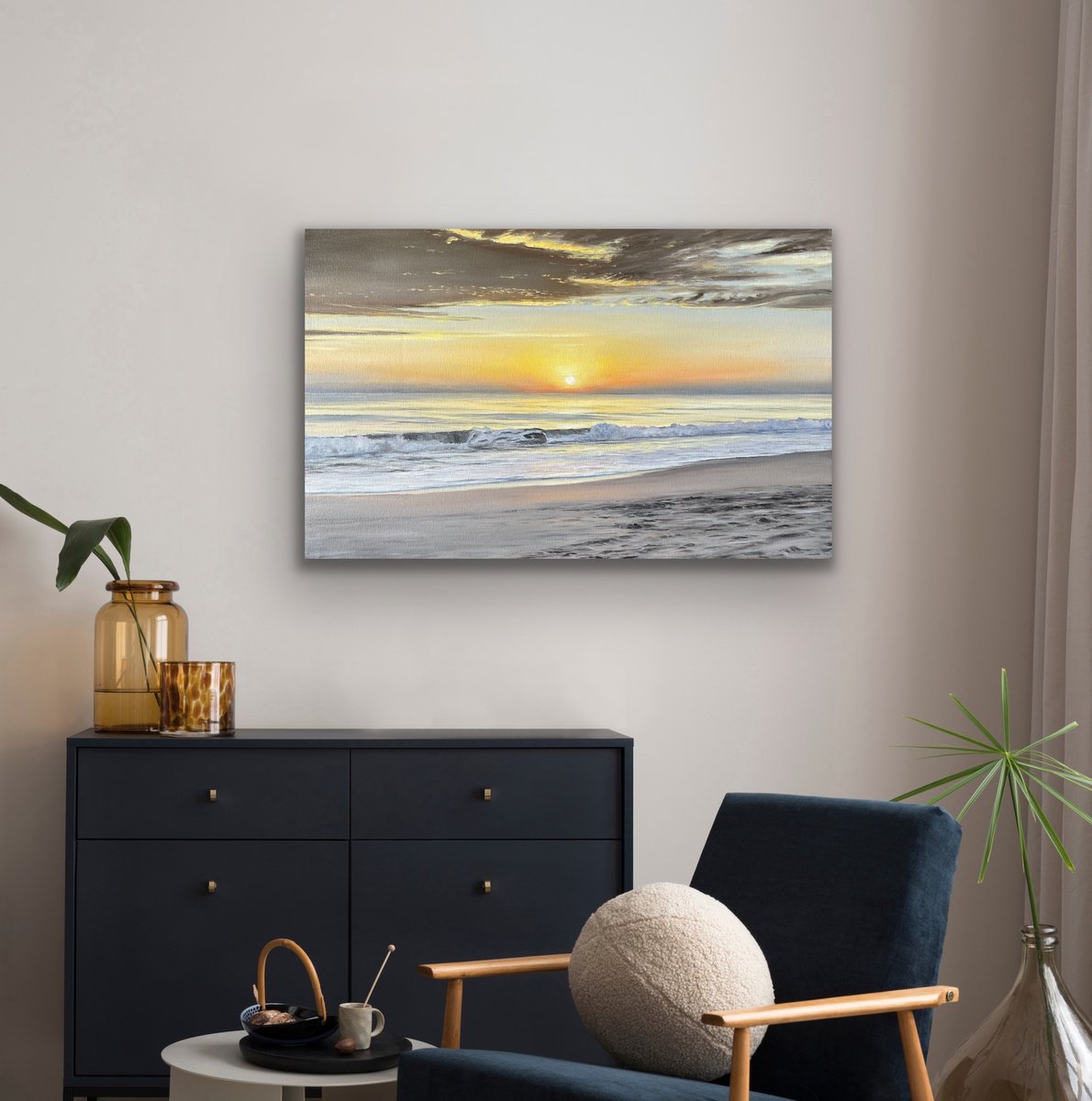 Photorealistic Landscape Oil Painting By Aflatun Israilov, 31 X 20, Ocean Sunset 2024, Original Artwork