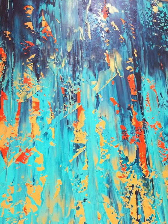 The Sun in the waterfall - XL golden and blue palette knife painting