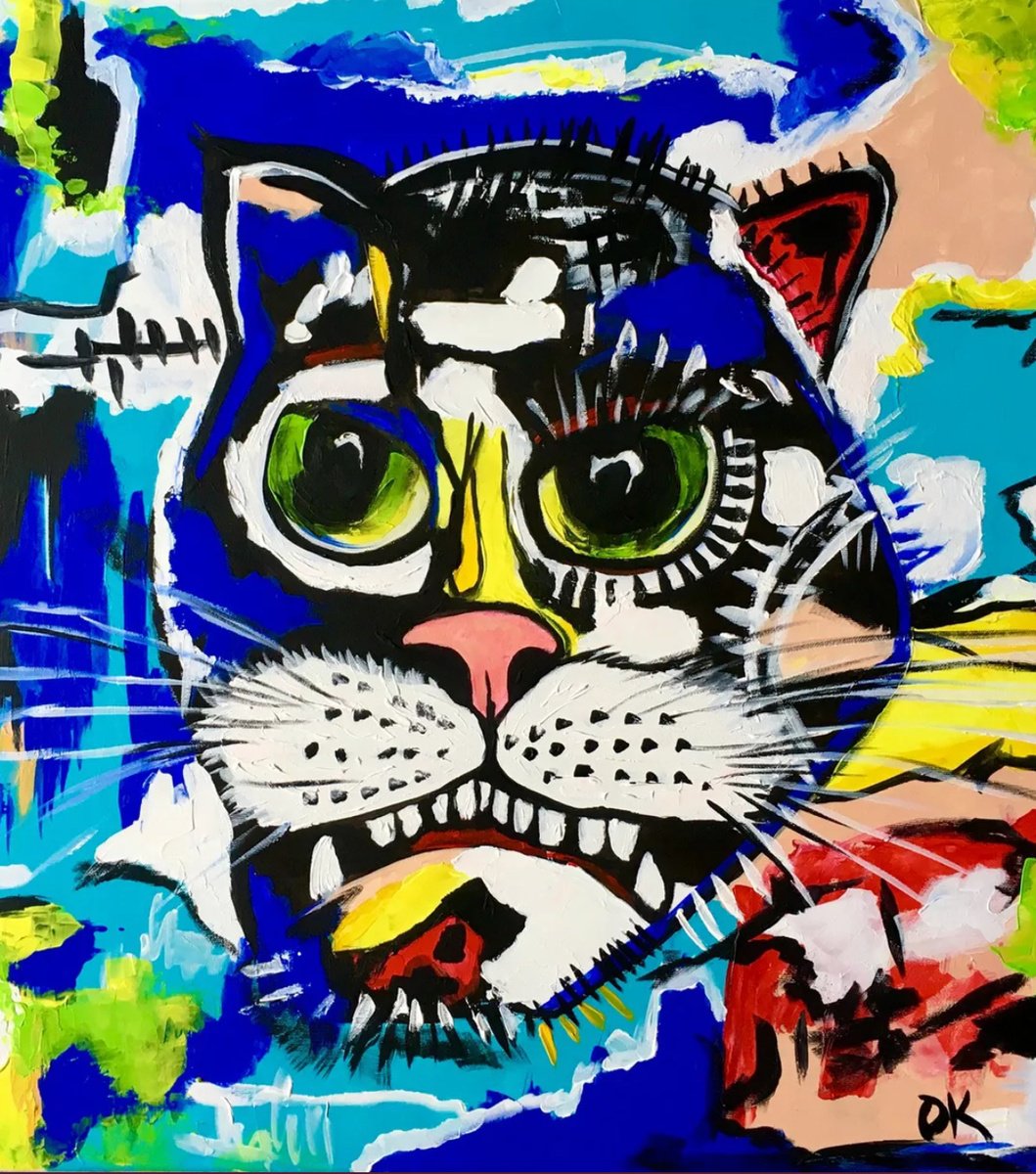 Expressive Animal Acrylic Painting By Olga Koval, 22 X 24", Untitled Cat #3, Original Artwork