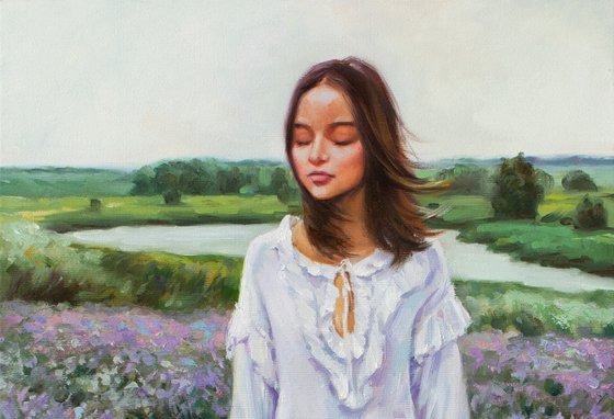 LAVENDER WIND - Majestic Symphony of Nature: Elevate Your Space with the Oil Painting with Beautiful Girl and Tranquility of Lavender Field