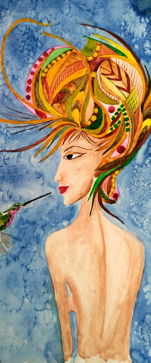 Female Painting Portrait Original Art Abstract Woman Portrait Hummingbird Watercolor Lady with Bird Artwork Home Wall Art 12 by 17" by Halyna Kirichenko by Halyna Kirichenko