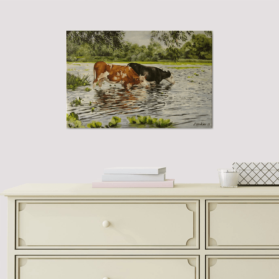 Cow Watering, Farm Life Scene