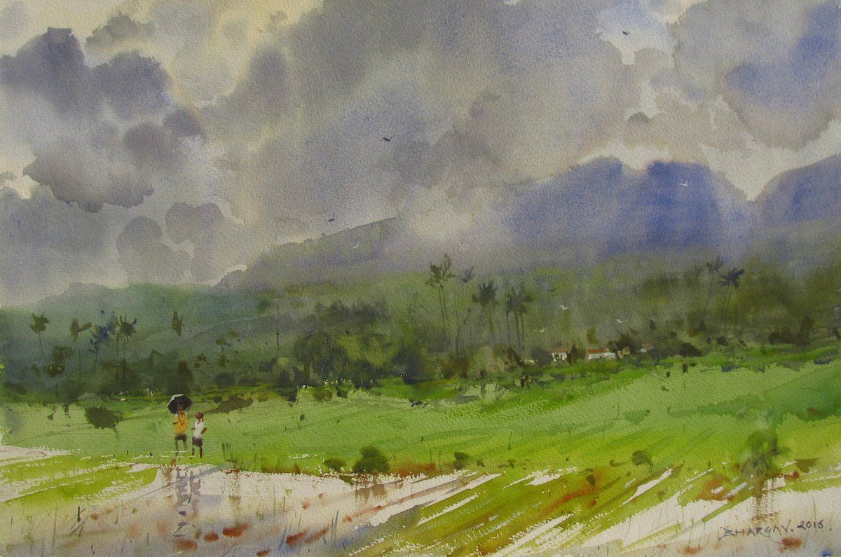 Impressionistic Landscape Watercolour By Bhargavkumar Kulkarni, 22 X 14, Indian Monsoon, Original Artwork