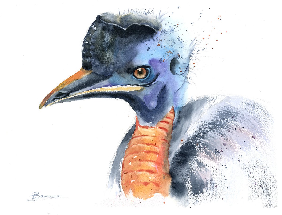 Impressionistic Animal Watercolour By Olga Tchefranov (Shefranov), 16 X 12", Cassowary, Original Artwork