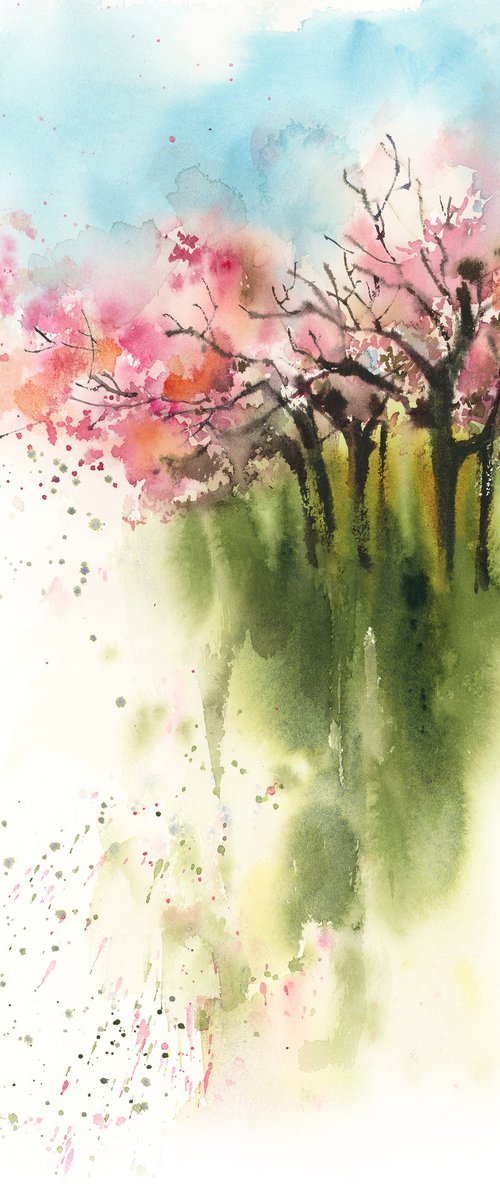 Spring Landscape with Pink Tree and Green Grass Watercolor Painting by Sophie Rodionov