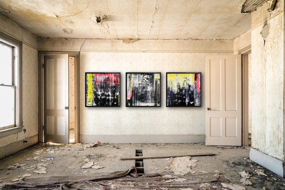 "You And What Army?" - Save As A Series - Original PMS Large Abstract Triptych Acrylic Paintings On Plexiglass, Framed - 78" x 26"