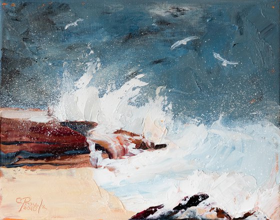 La mer s'agite - Original small impressionistic oil painting - Horizontal