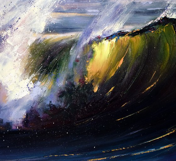 Golden Glass Wave. Seascape painting