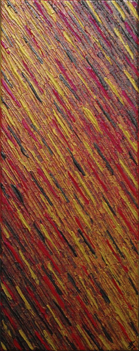 Abstract Acrylic Painting By Jonathan Pradillon, 8 X 20, Iri. Red Golden Knife Texture, Original Artwork