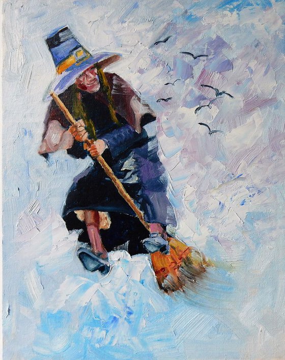 Amsterdam witch is flying on a broomstick.