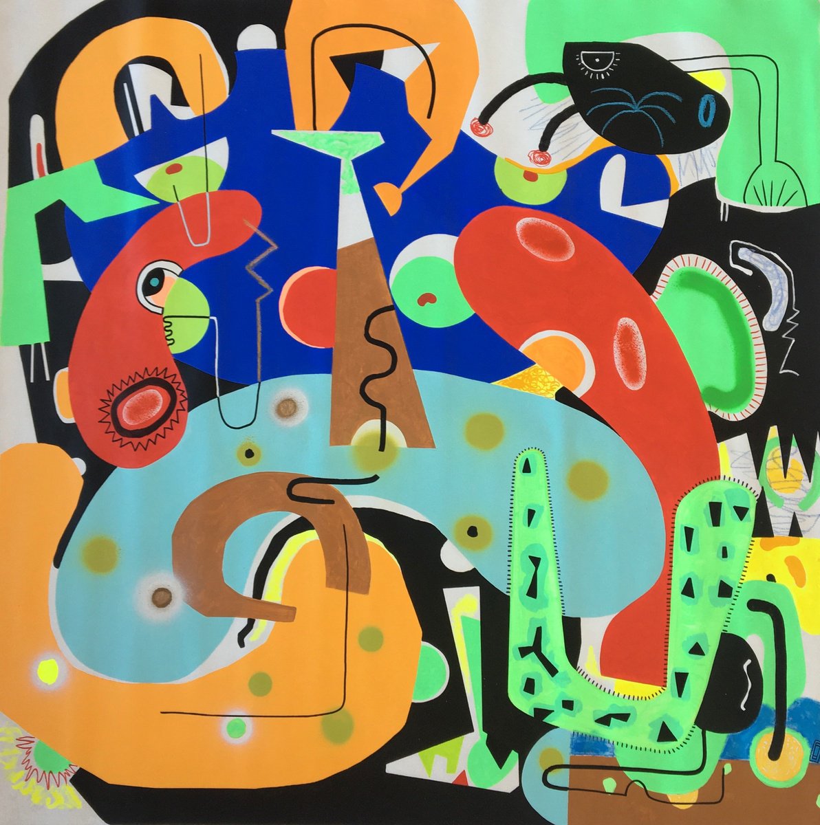 Expressive Abstract Acrylic Painting By Frantisek Florian, 43 X 43, Green Magician, Original Artwork