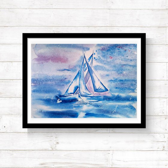 Sailboat Painting Original Art Sailing Vessel Watercolor Artwork Yacht Race Home Wall Art 17 by 12" by Halyna Kirichenko